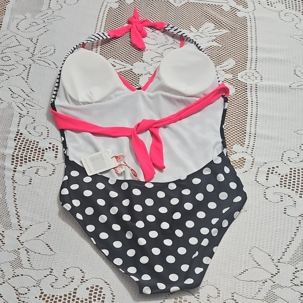 NWT Pink and Black One Piece Swimsuit with Halter Neckline